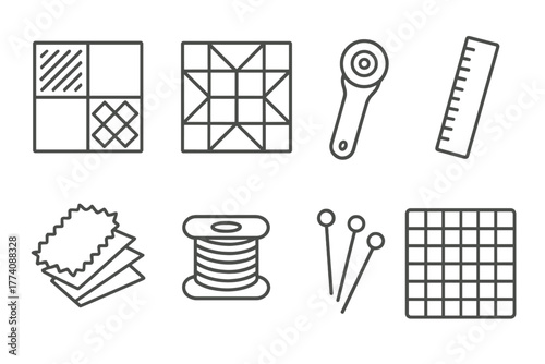 Quilting Tools Icons. Line style icons of Quilting: Patchwork Square, Quilt Block, Rotary Cutter, Ruler, Fabric Swatches, Thread