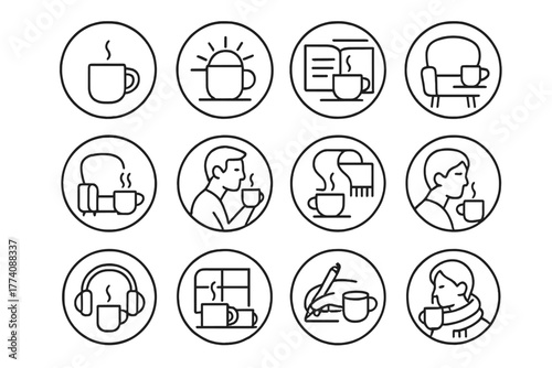 Coffee Lifestyle Icons. Line style icons of coffee lifestyle in round shape: morning cup, sunrise with mug, reading and coffee,