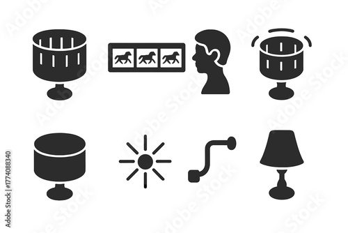 Vintage Zoetrope Animation. Solid style icons of Vintage Zoetrope: Slitted Drum, Sequential Images, Spinning, Animation, Cylinder,