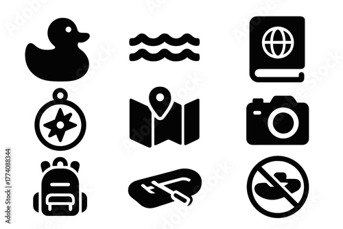 Floating Adventure Icons. Solid style icons of Floating Play Adventures: Rubber Duck, Waves, Travel Log, Compass, Map, Camera,