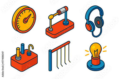 Colorful Crystal Radio Icons. Isometric vector illustration set Crystal Radio: Tuning Dial, Cat's Whisker, Earphone, Crystal