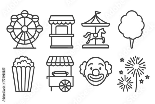 Carnival Fun Icons. Line style icons of Carnival fun: ferris wheel, ticket booth, carousel, cotton candy, popcorn, hotdog stand,