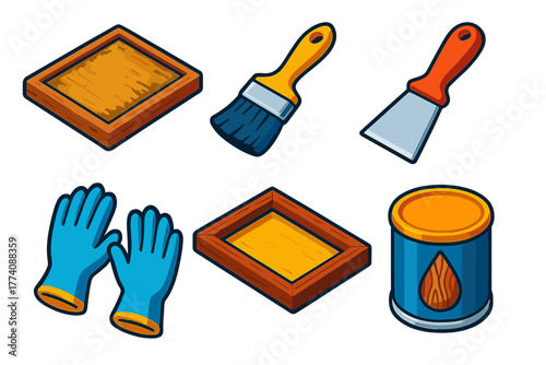 Restoration Tools Icons. Isometric vector illustration set Restoration: Original Surface, Brush, Paint Scraper, Varnish,