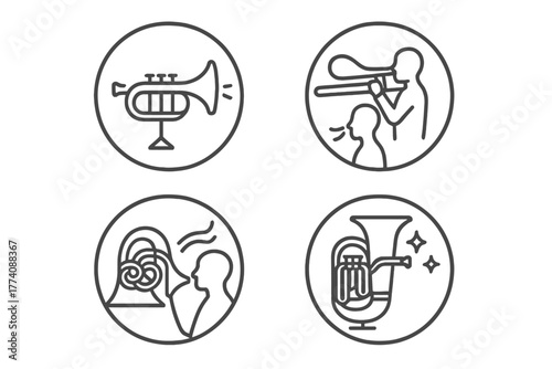 Brass Instruments Icons. Line style icons of brass instruments in round shape: trumpet, trombone, French horn, tuba; mouthpiece