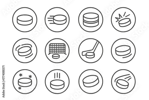 Hockey Puck Icons. Line style icons of hockey pucks in round shape: standard puck, puck in motion, stacked pucks, puck with impact