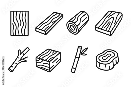 Wood Type Icons. Line style icons of Wood types: oak plank, pine board, cedar log, maple slab, birch branch, mahogany block,