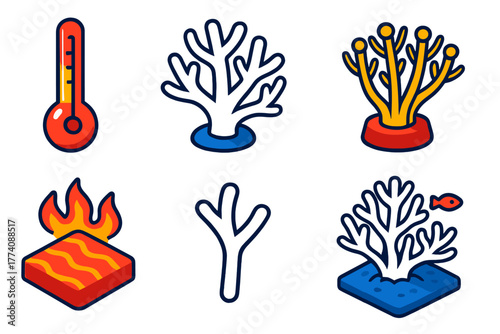 Coral Bleaching Icons. Isometric vector illustration set Coral Bleaching: Thermometer, White Coral, Stressed Polyps, Warming