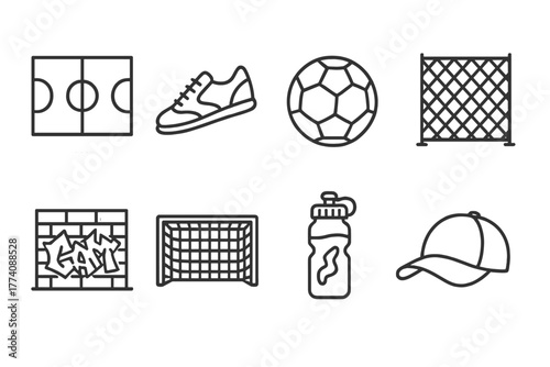 Street Soccer Icons. Line style icons of Street Soccer: Asphalt Court, Sneakers, Ball, Fence, Graffiti Wall, Goal Post, Water