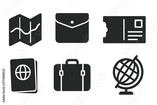 Vintage Travel Icons. Solid style icons of Vintage Travel Essentials: Folded Map, Leather Pouch, Ticket Stub, Postcard, Passport,