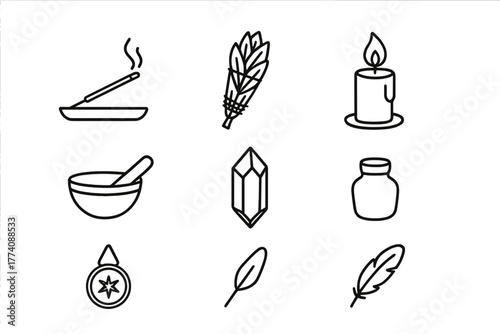 Healing Ritual Icons. Line style icons of Healing Rituals: Incense Stick, Herbal Bundle, Candle, Singing Bowl, Crystal, Small Jar,