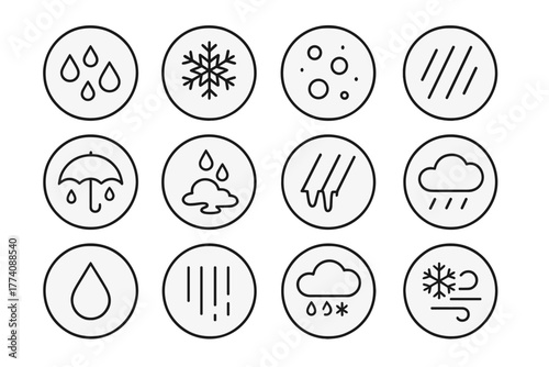 Weather Line Icons. Line style icons of precipitation in round shape: raindrops, snowflakes, hailstones, sleet lines; umbrella