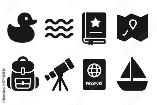 Adventure Icons Collection. Solid style icons of Playful Exploration: Rubber Duck, Waves, Travel Journal, Map, Backpack, Telescope