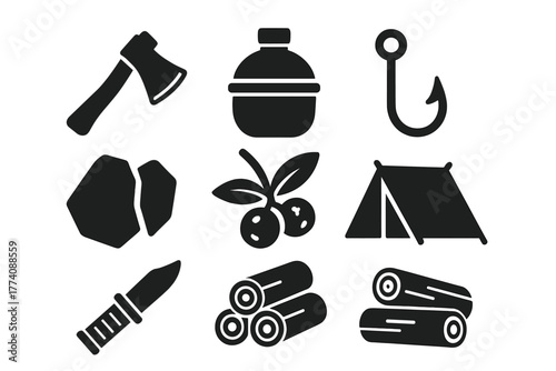 Forest Survival Icons. Solid style icons of forest survival: hatchet, water canteen, fishing hook, flint stone, wild berries,