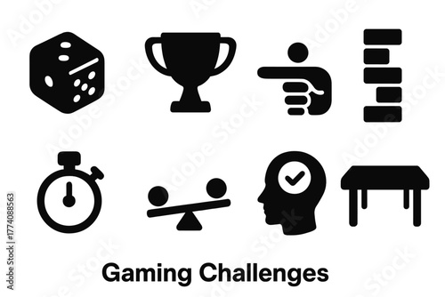 Gaming Challenge Icons. Solid style icons of Gaming Challenges: Dice, Cup, Steady Hand, Tower, Timer, Balance, Focus, Table, No