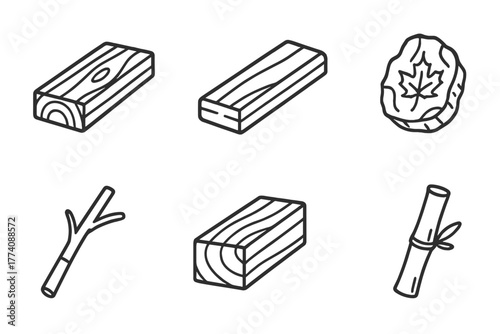 Wood Type Icons. Line style icons of Wood types: oak plank, pine board, cedar log, maple slab, birch branch, mahogany block,