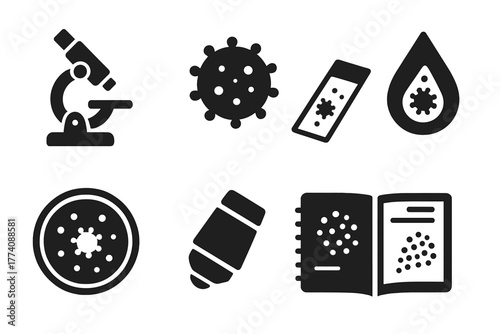Microscopic Spore Icons. Solid style icons of Microscopic Spores: Microscope, Spore Shape, Slide Glass, Droplet, Petri Dish, Lens,