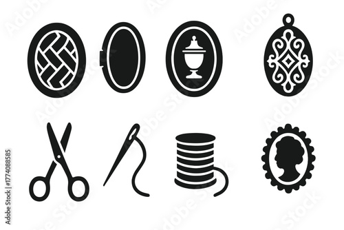 Vintage Hairwork Icons. Solid style icons of Vintage Hairwork Jewelry: Woven Hair, Locket, Mourning, Intricate Pattern, Scissors,