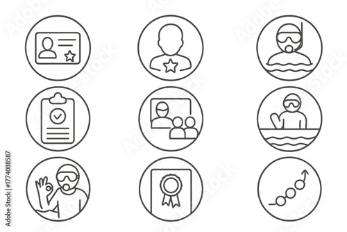 Dive Certification Icons. Line style round vector icons of Dive Certification: Certification Card, Dive Instructor Badge, Skill