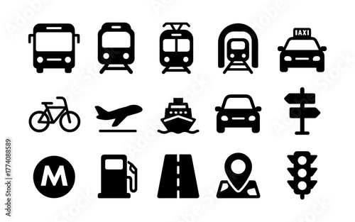 Black icons of transportation: urban mobility and vehicle symbols set