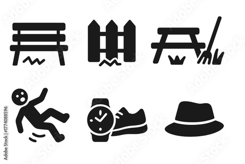 Outdoor Prank Icons. Solid style icons of Outdoor Pranks: Bench, Fence, Table, Grass, Rigid Body, Watch, Sneakers, Hat, No text,