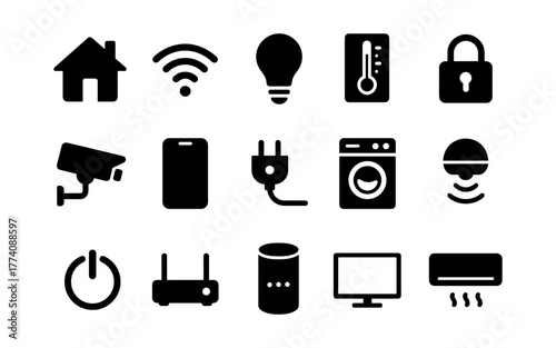 Home technology icons: smart devices and security symbols in simple style