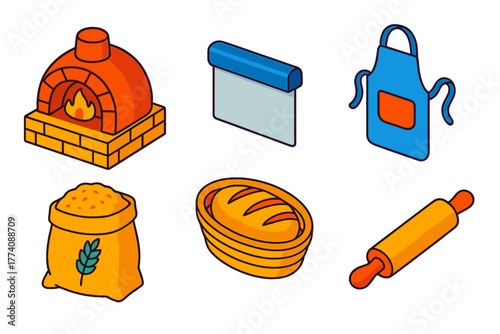Artisan Bakery Icons. Isometric vector illustration set Artisan Bakery: Wood-Fired Oven, Dough Scraper, Bakers Apron, Grain Sack,