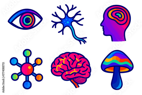 Psychedelic Research Icons. Isometric vector illustration set Psychedelic Research: Perception, Neural Pathway, Consciousness,