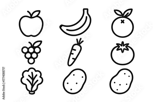 Fresh Produce Icons. Line style icons of Fresh produce: apple, banana, orange, grapes, carrot, tomato, lettuce, potato, No text,
