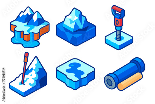 Cryospheric Icons Set. Isometric vector illustration set Cryospheric Study: Melting Glacier, Iceberg, Core Drill, Meltwater,