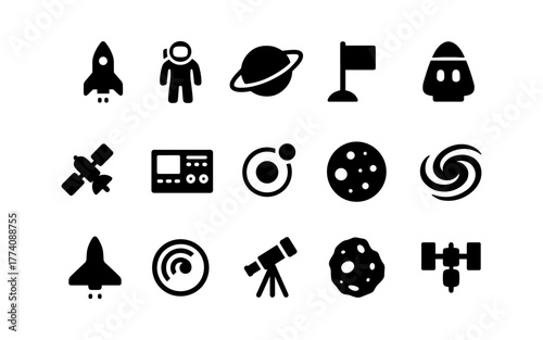 Space exploration icons: bold black and white symbols of astronauts, rockets, and celestial objects