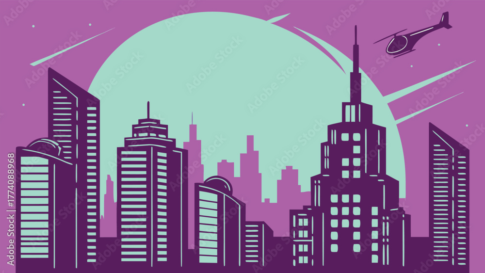 Naklejka premium Retro-Futuristic Urban Skyline with Helicopter at Dusk Vector