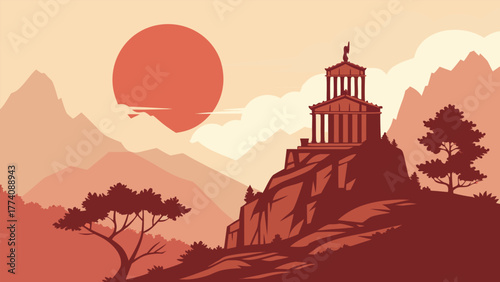 Ancient Temple on Mountain at Sunset Vector