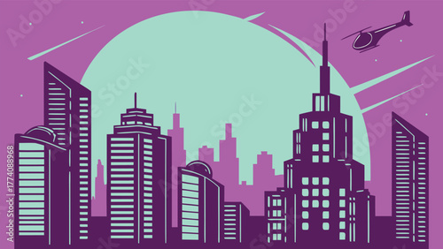 Retro-Futuristic Urban Skyline with Helicopter at Dusk Vector