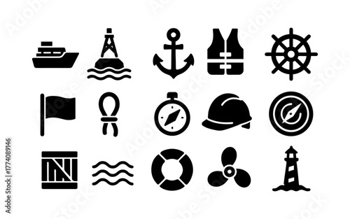 Nautical icons set: marine symbols and equipment silhouette collection