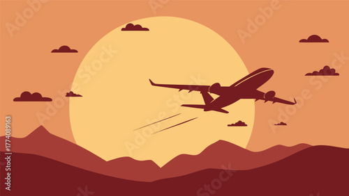 Airplane Taking Off into a Sunset Sky Over Mountains