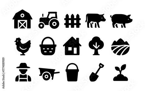 Set of farm icons: silhouette collection featuring tractor, barn, animals, and tools
