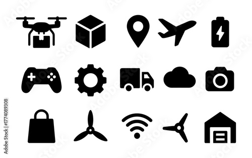 Essential minimalist technology and transportation icons set