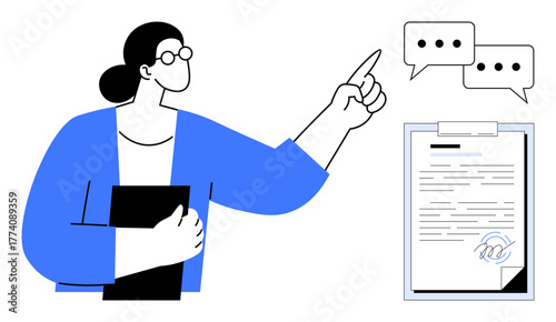 Female figure in glasses holding a folder, pointing at a signed document with speech bubbles. Ideal for communication, education, presentation, feedback, teamwork, agreement planning. Simple flat