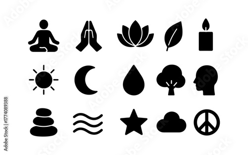 Minimalist yoga and nature icons: meditation, lotus, peace, and serenity