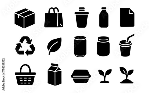 Eco-friendly icons: minimalist black silhouettes of recycling, packaging, and sustainability symbols
