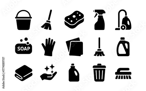 Household cleaning tools icons set in silhouette style for home maintenance