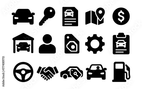 Car and automotive icons: black silhouette set for transportation and maintenance designs