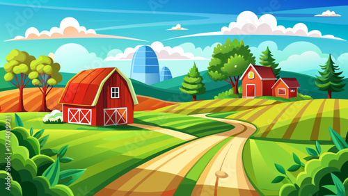 Very beautiful scenic view of a red farm beside a country road, surrounded by lush green fields under a bright blue sky, capturing the peaceful charm of rural farmland.