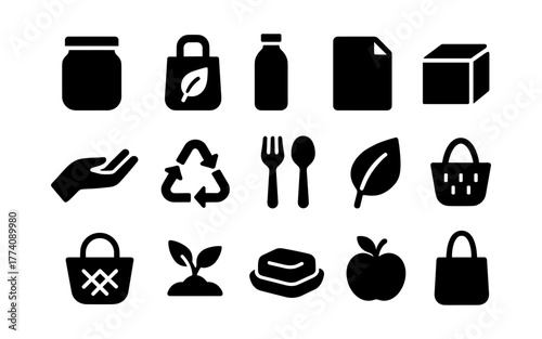 Eco-friendly icon set featuring recycle, leaf, and sustainable symbols in minimalist style