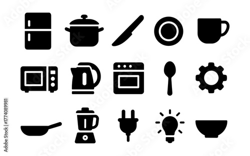 Kitchen appliance icons set: minimalist black silhouettes of essential cookware and utensils