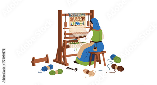 Woman weaving intricate tapestry on loom, crafting traditional art with vibrant yarn and creative passion in cozy workshop, cultural heritage