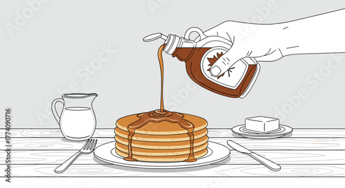 Enjoy delicious pancakes with syrup and butter for a tasty breakfast or brunch, a sweet treat to start your day or a weekend family meal