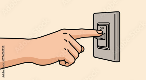 Conserve energy and reduce your carbon footprint by switching the lights off with this graphic illustration of a hand turning off the light switch