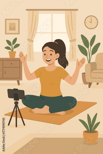 Smiling Young Woman With Ponytail In Yellow T Shirt And Green Pants Sitting Cross Legged On Yoga Mat Recording Content On Smartphone Mounted On Tripod In Bright Living Room With Plants And Clock On