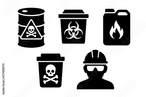 Collection of Hazardous Material Symbols Including Skull And Crossbones Biohazard Warning Sign And Flammable Liquid Container With Safety Worker Icon And Hard Hat